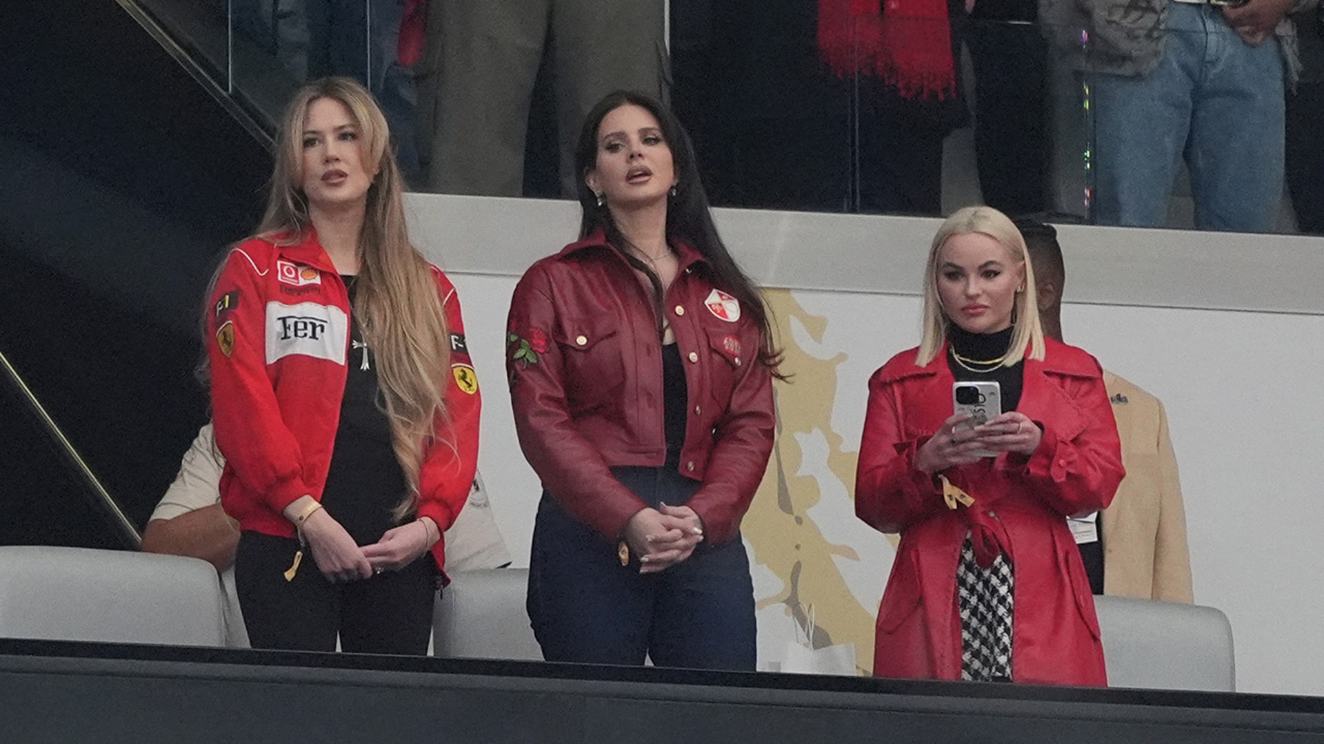 Lana Del Rey listens to the national anthem at Super Bowl LVIII