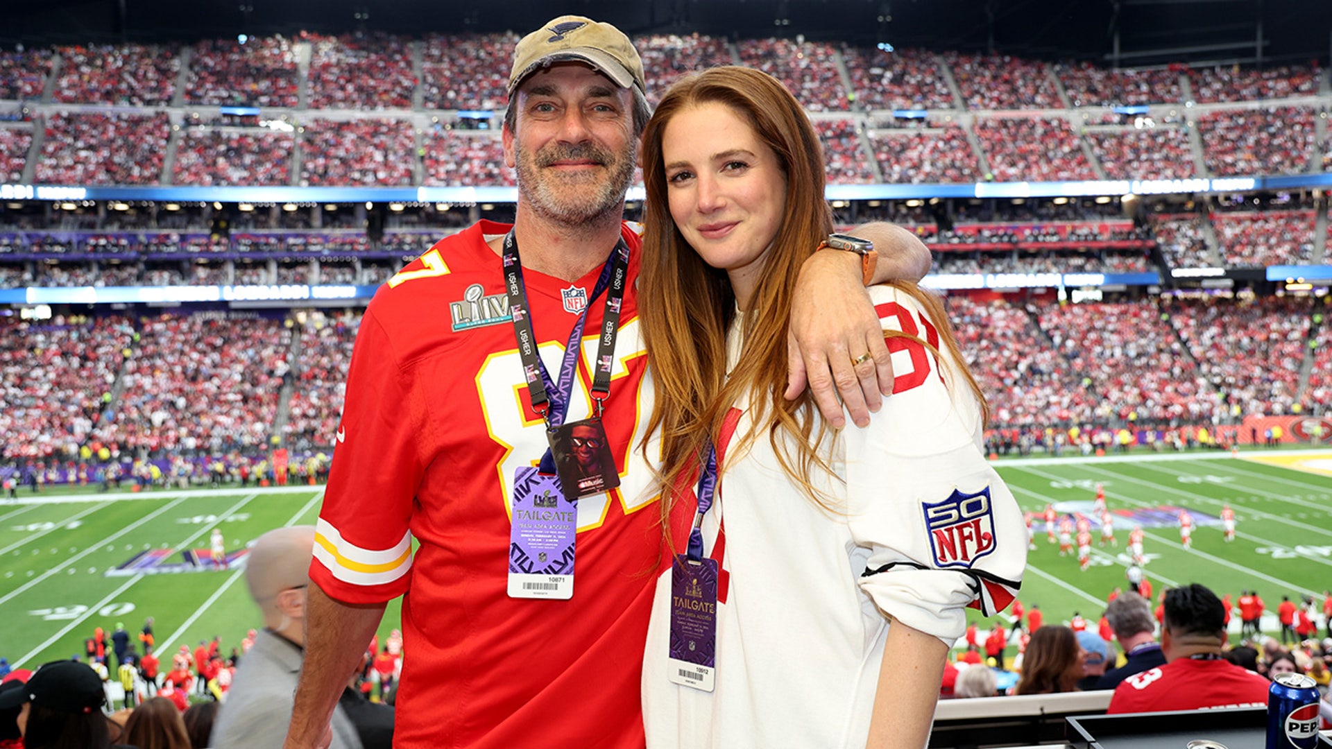 Jon Hamm and Anna Osceola attend the Super Bowl LVIII Pregame