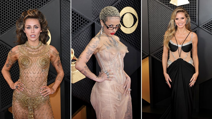Miley Cyrus walks the red carpet at the Grammys in gold