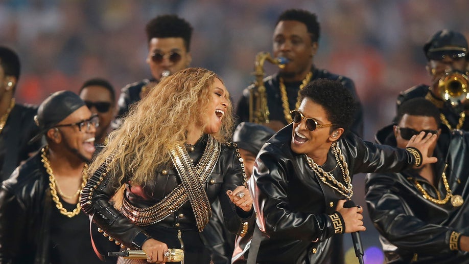 Beyonce and Bruno Mars perform during the Pepsi Super Bowl 50 Halftime Show at Levi's Stadium
