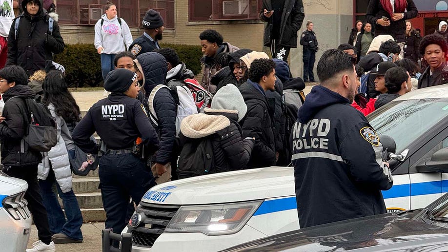 Crowd of students outside of high school