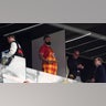 Jason Kelce watches teams warm up before the NFL Super Bowl