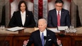 President Joe Biden speaks during the State of the Union address on Capitol Hill, Thursday, March 7, 2024, in Washington, as Vice President Kamala Harris and House Speaker Mike Johnson of La., listen. (AP Photo/Mark Schiefelbein)