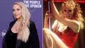 Side by side photo of Elizabeth Berkley on red carpet and Elizabeth Berkley in Showgirls
