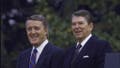 DISTRICT OF COLUMBIA, UNITED STATES - APRIL 1988:  US President Ronald with Reagan (R) standing with Canadas Prime Minister Brian Mulroney outside the White House.    (Photo by Dirck Halstead/Getty Images)