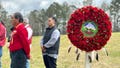 Muscogee Creek Nation Principal Chief David W. Hill, left, and Second Chief Del Beaver stand at the site of the Battle of Horseshoe Bend in Tallapoosa County, Ala., Saturday, March 23,2024. A wreath placed there honors the more than 800 Muscogee who perished during the March 27, 1814, battle.