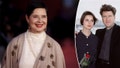 Isabella Rossellini posing on red carpet with an inset image of her and David Lynch together