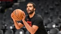 Jontay Porter #34 of the Toronto Raptors warms up before the game against the Portland Trail Blazers at the Moda Center on March 09, 2024 in Portland, Oregon.