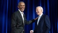TOPSHOT - Former US President Barack Obama (L) and US President Joe Biden arrive for a campaign fundraising event at Radio City Music Hall in New York City on March 28, 2024. (Photo by Brendan Smialowski / AFP) (Photo by BRENDAN SMIALOWSKI/AFP via Getty Images)