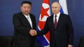 Russian President Vladimir Putin, right, and North Korean leader Kim Jong Un shake hands during their meeting at the Vostochny cosmodrome outside the city of Tsiolkovsky, about 200 kilometers (125 miles) from the city of Blagoveshchensk in the far eastern Amur region, Russia on Sept. 13, 2023.