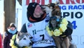 Dallas Seavey celebrates his win in the Iditarod Trail Sled Dog Race, Tuesday, March 12, 2024, in Nome, Alaska.