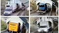 This selection of undated still frames from security video camera footage provided by Michael Grant shows a variety of oversized box trucks crashing through the historic Miller's Run covered bridge in Lyndon, Vt. Over the years, truck drivers have failed to notice the height warning signs leading to the bridge.