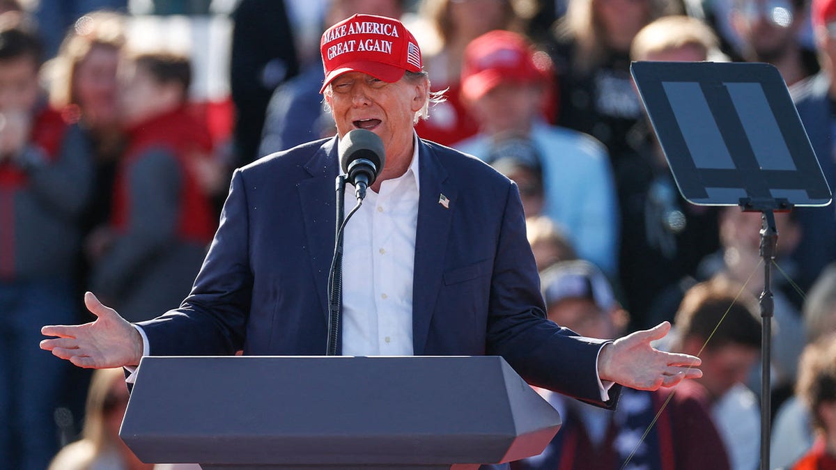Former US President and Republican statesmanlike  campaigner  Donald Trump speaks during a Buckeye Values PAC Rally successful  Vandalia, Ohio, connected  March 16, 2024.