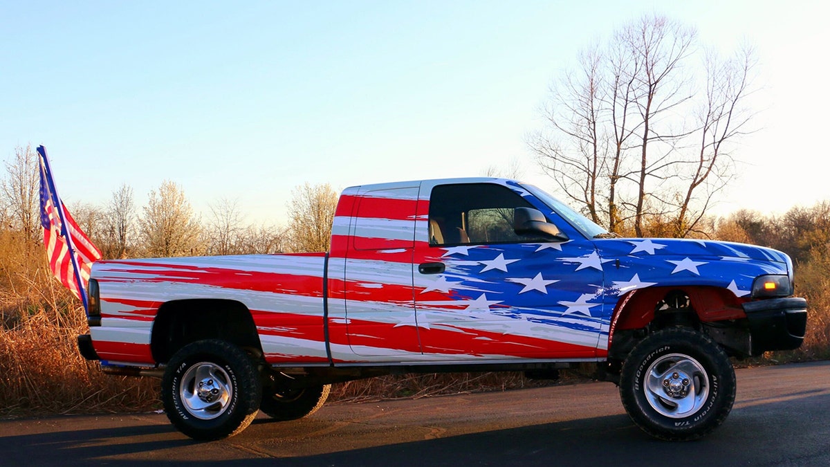 Cameron Blasek's pickup truck, pinch an American emblem wrap