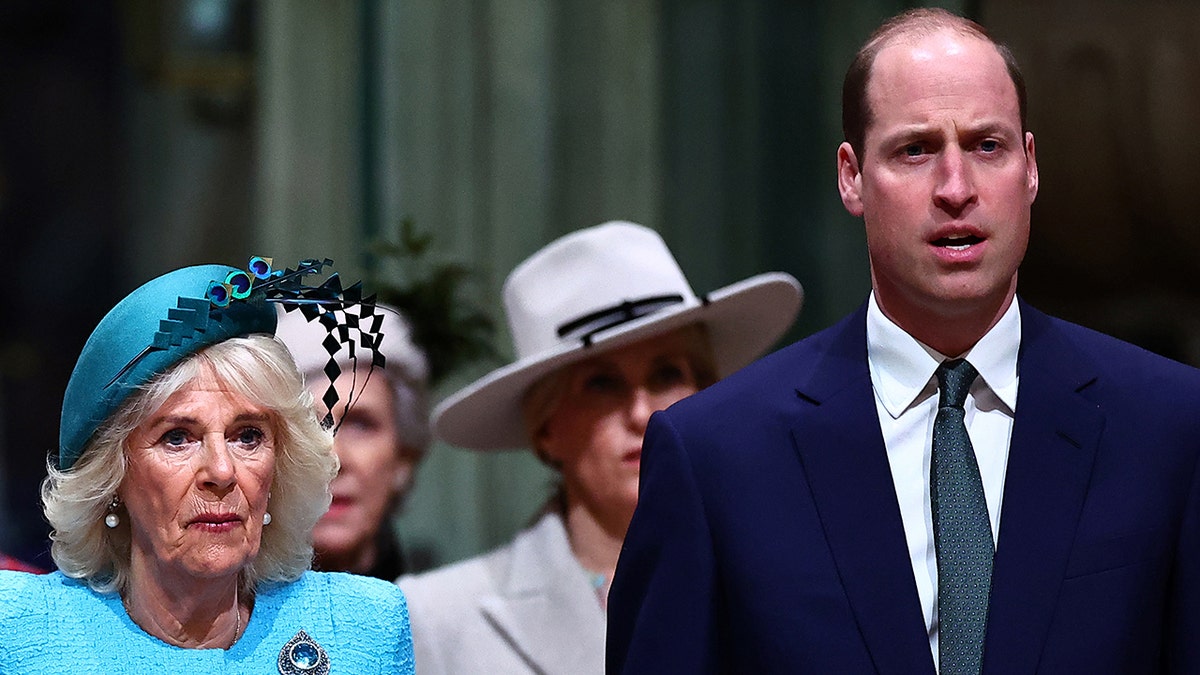 Queen Camilla and Prince William looking serious at a church service