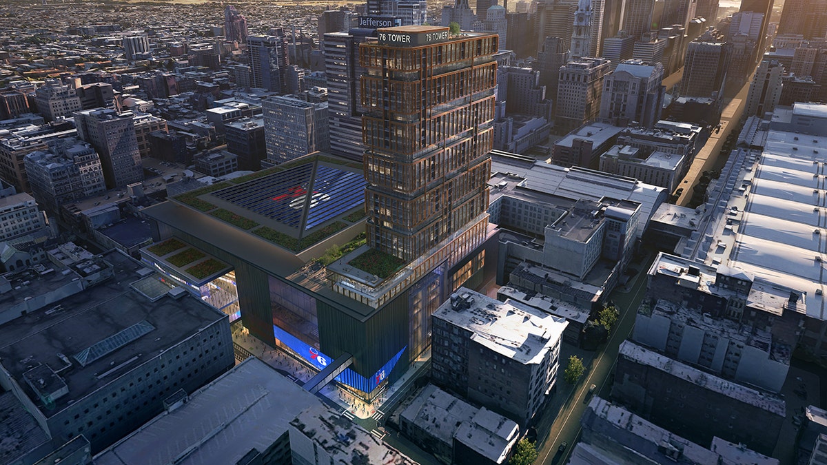 An aerial view of the proposed 76 Place, the new home of the Philadelphia 76ers at Market East.
