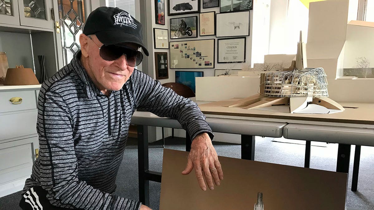 Architect Antoine Predock with his model of the Canadian Museum for Human Rights in his studio. Predock died Saturday, March 2, 2024, in his home in Albuquerque at the age of 87.