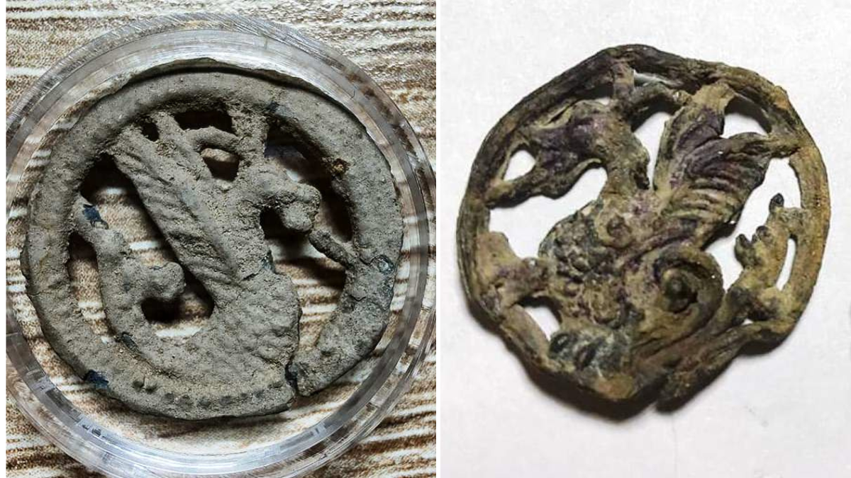 Split image of close-ups of pilgrim badge