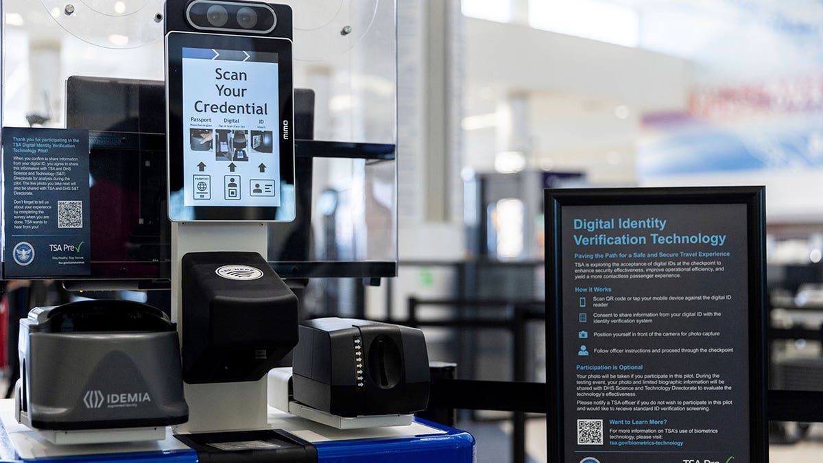 The Transportation Security Administration's new facial recognition technology is seen at a Baltimore-Washington International Thurgood Marshall Airport security checkpoint, April 26, 2023, in Glen Burnie, Md. The U.S. government has started requiring migrants without passports to submit to facial recognition technology to take domestic flights under a change that prompted confusion Tuesday, March 12, 2024, among immigrants and advocacy groups in Texas.