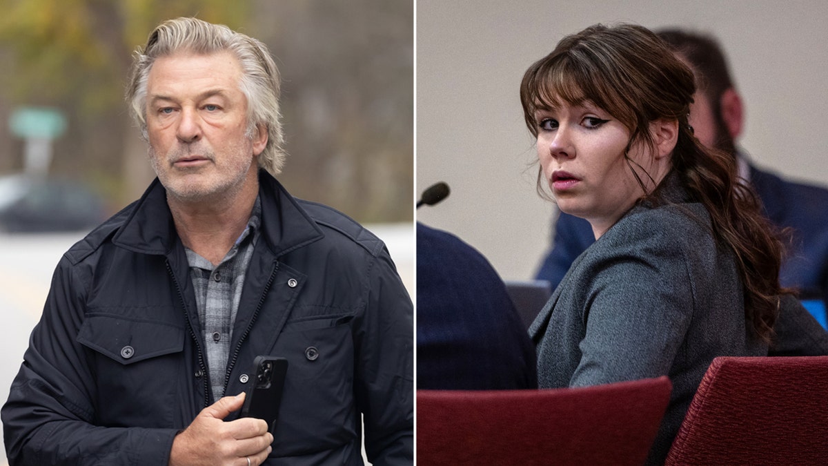 Hannah Gutierrez Reed looks on in court next to a photo of Alec Baldwin