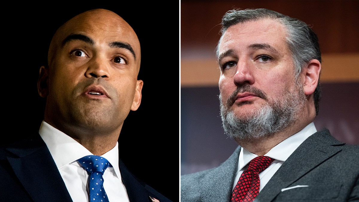 left: closeup shot of Colin Allred; right: of Ted Cruz