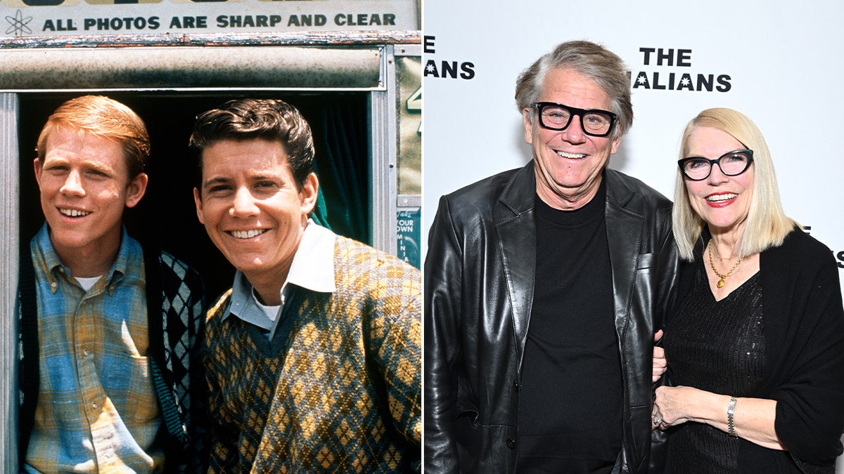 photo of Anson Williams on Happy Days split with current photo of Anson and his wife
