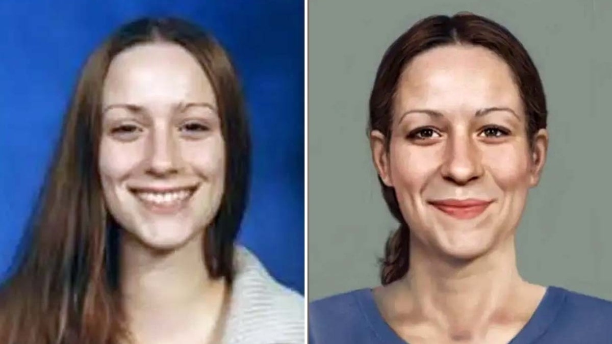 A side-by-side photo of Brianna Maitland as a teenager (left) and a digital rendering of what she might look like today (right).