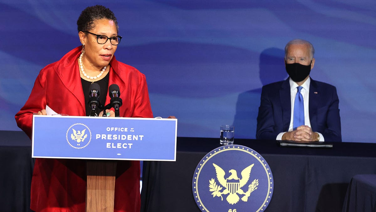 Marcia Fudge speaks alongside President Biden