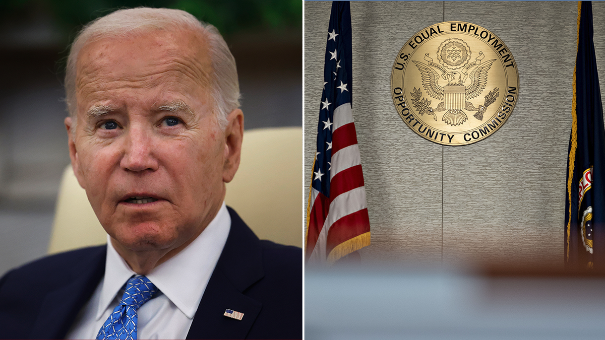 Joe Biden and the U.S. Equal Employment Opportunity Commission seal split image