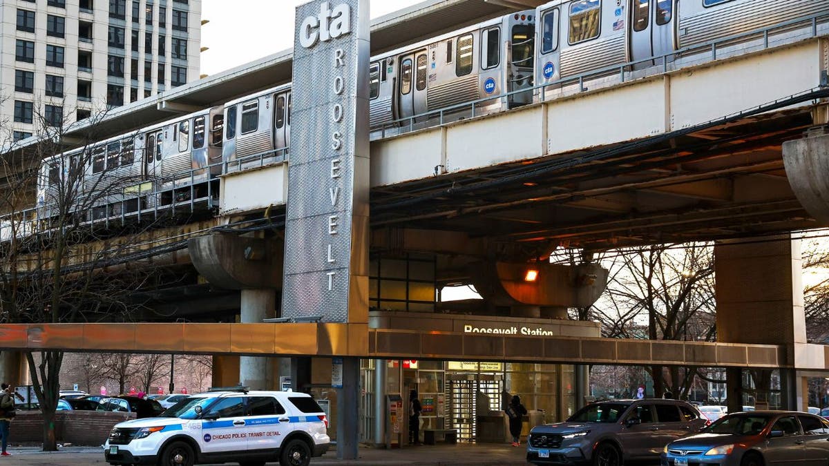 A police vehicle parked outside a Chicago CTA station