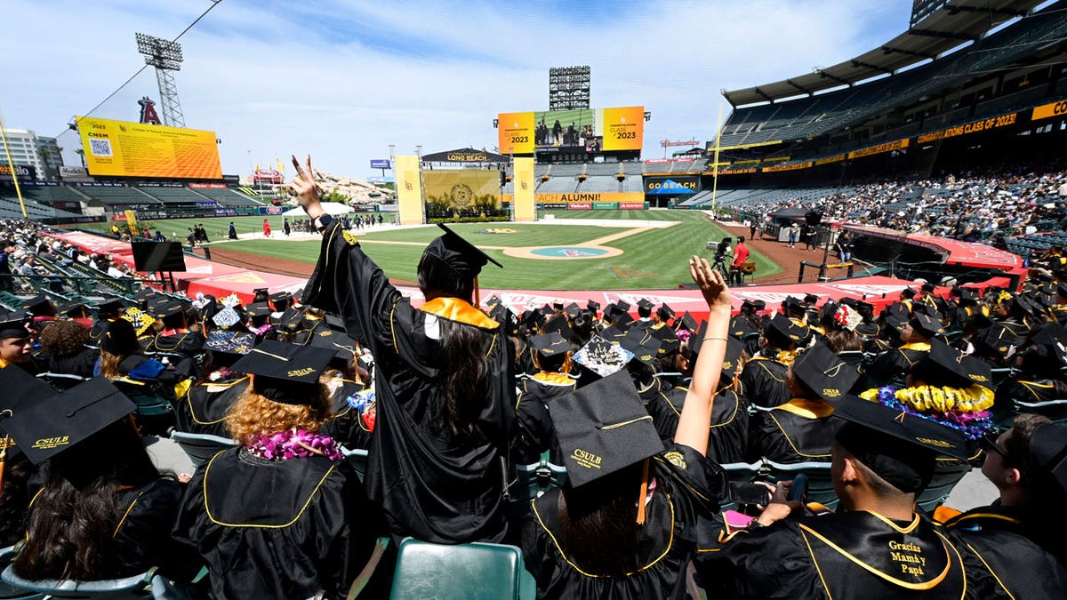 Graduates take part in the commencement ceremony for the College of Natural Sciences & Mathematics, California State University of Long Beach