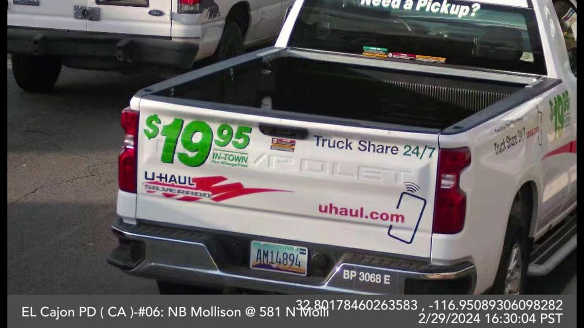 The white U-haul pickup truck that Mohammed Abdulkareem used to flee the scene of a shooting is seen in this image from the El Cajon Police Department. Police said Abdulkareem was "armed and dangerous" following a shooting on Feb. 29, 2024 in Southern California.