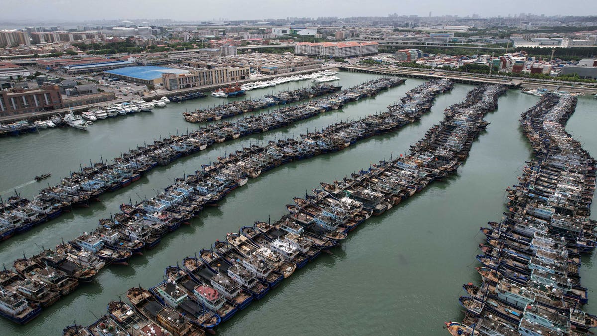 Barcos de pesca são vistos atracados no porto de pesca de Gaoqi, na China