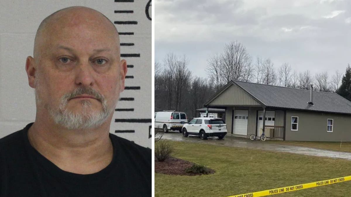 A mugshot of Shawn Cranston, left, who has been arrested for murder, and the home where the crime took place, right