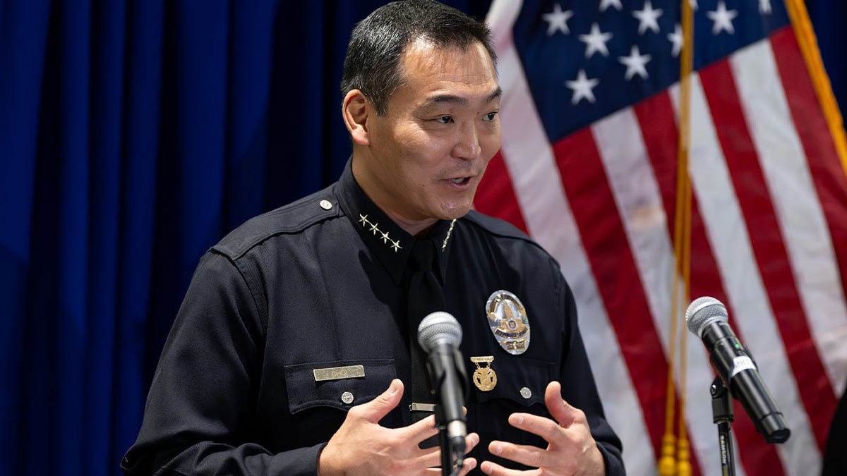 Joseph Choi speaks to the crowd on hand after he was sworn in as the Los Angeles Chief of Police on Friday, March 1, 2024.