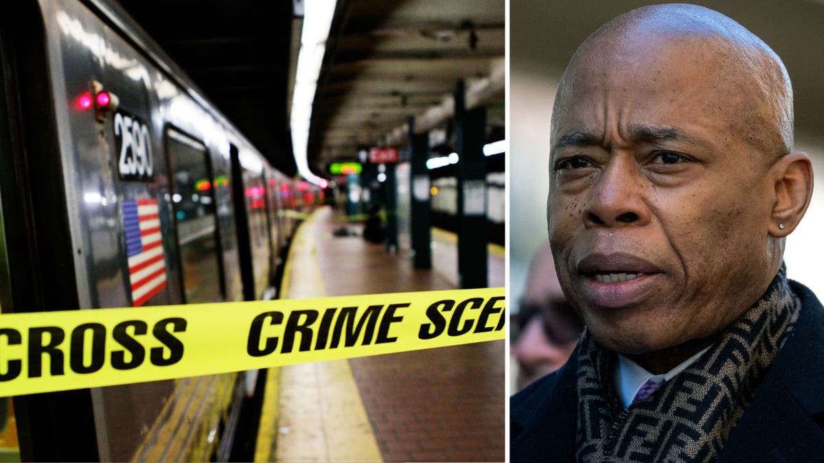 New York City Mayor Eric Adams and crime scene tape at a subway station