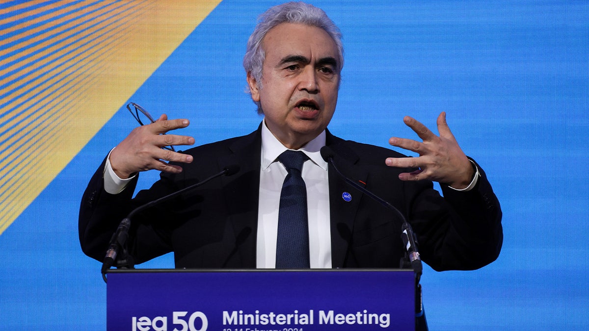 Executive director of the International Energy Agency Fatih Birol delivers a speech during the International Energy Agency (IEA) 2024 ministerial meeting and 50th Anniversary event, in Paris on February 13, 2024. Energy and climate ministers from around the world will meet in Paris on February 13 and 14 for the IEA's 2024 Ministerial Meeting to take stock of the latest developments in energy markets, policies and transitions, and to set the Agency's strategic direction for the coming years. (Photo by Ian LANGSDON / AFP) (Photo by IAN LANGSDON/AFP via Getty Images)