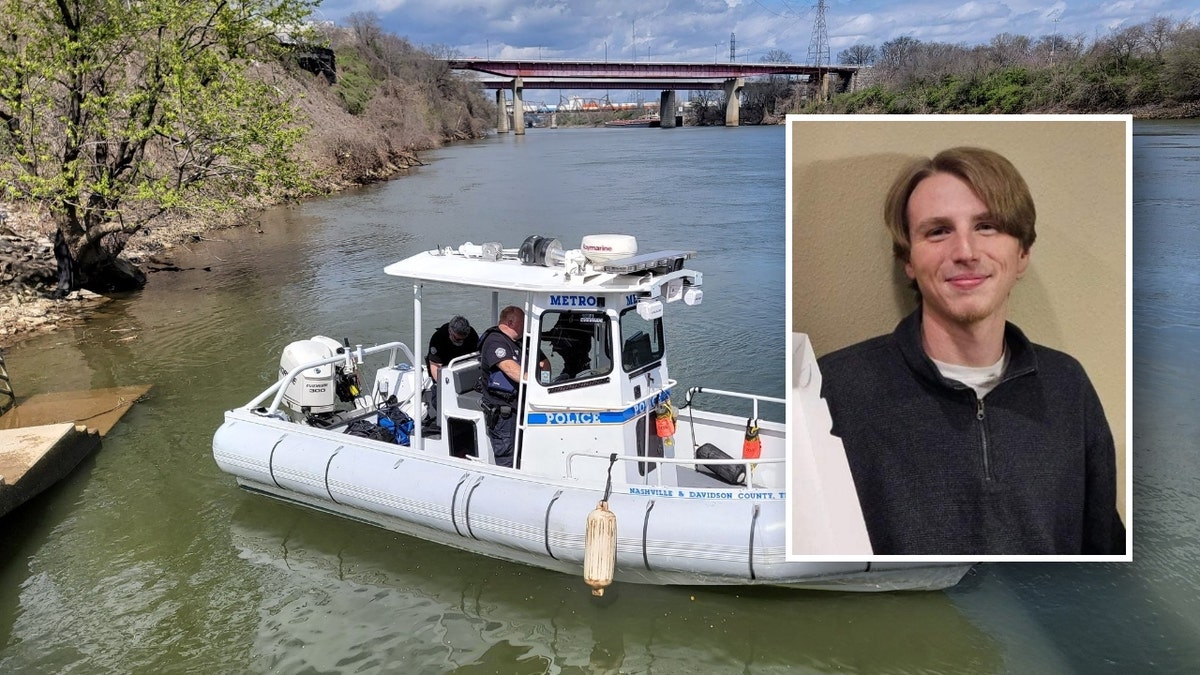 A photo of an MNPD boat searching for Riley Strain beside a photo of Riley Strain