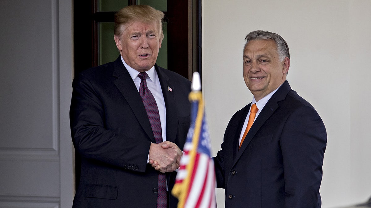 Trump shakes hands with Orban outside the White House