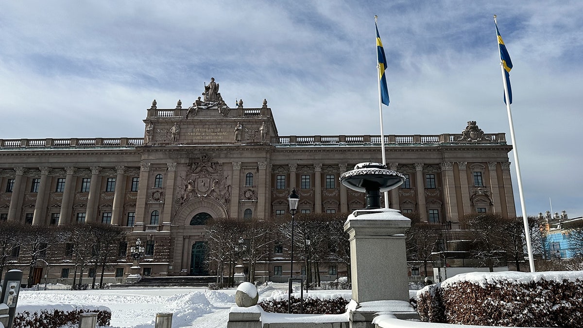Swedish parliament building in the snow
