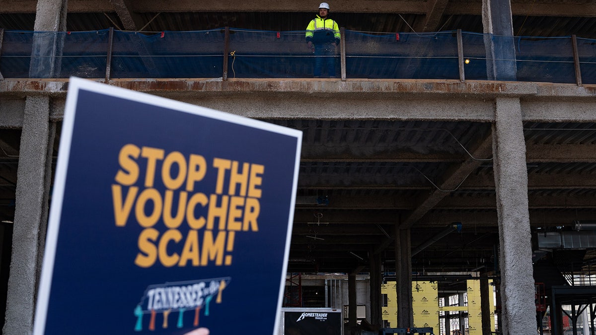 Stop The Voucher Scam sign at Tennessee capitol