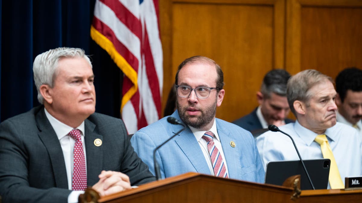 From left, Chairmen James Comer, Jason Smith and Jim Jordan attend the House Oversight and Accountability Committee hearing titled "Influence Peddling: Examining Joe Biden's Abuse of Public Office" in the Rayburn Building in Washington, D.C., on March 20. (Tom Williams/CQ-Roll Call, Inc via Getty Images)