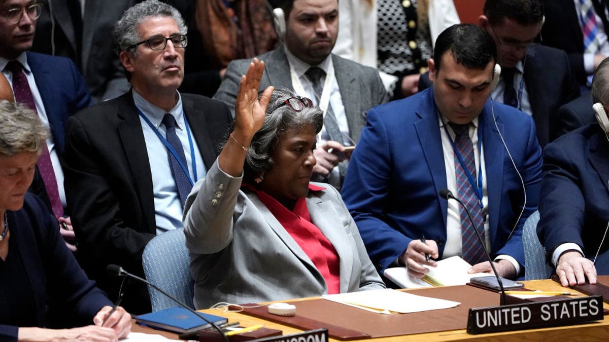 USUN Ambassador Linda Thomas Greenfield votes in a Security Council meeting on Gaza.