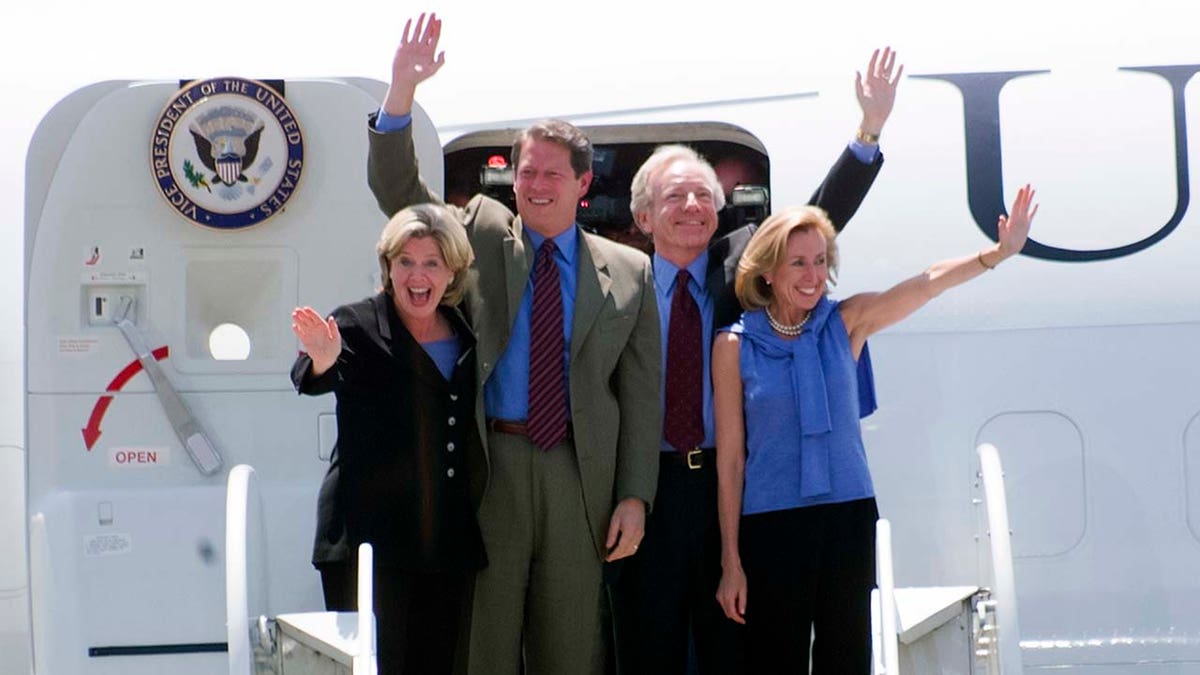 Al and Tipper Gore, Joe and Hadassah Lieberman waved to the crowd on August 16, 2000 at the Democratic National Convention in Burbank, California.