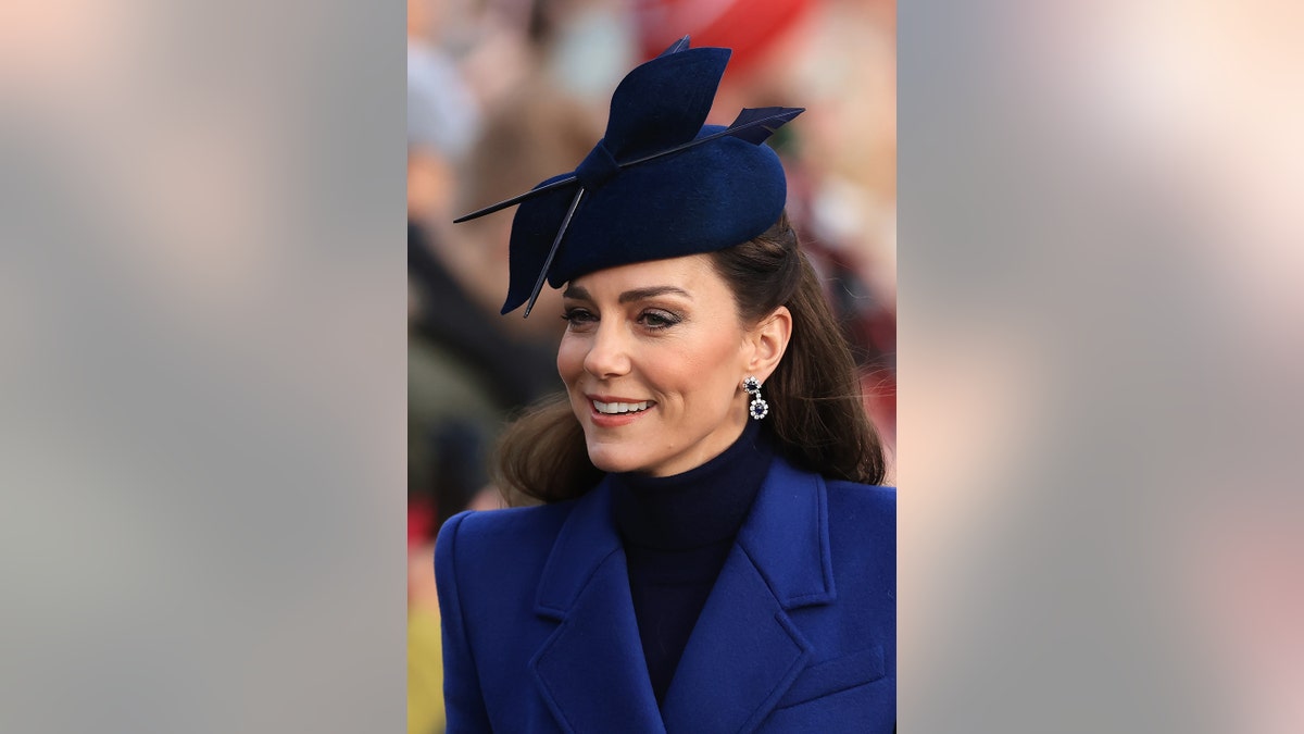A close-up of Kate Middleton in blue.