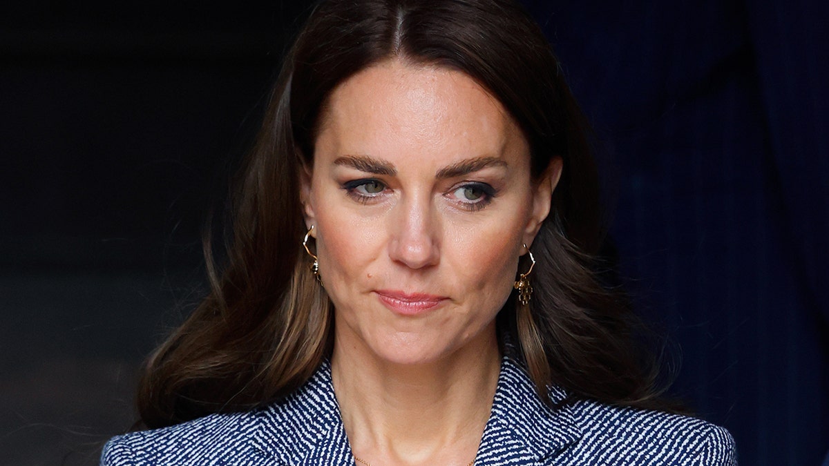 A close-up of Kate Middleton looking serious