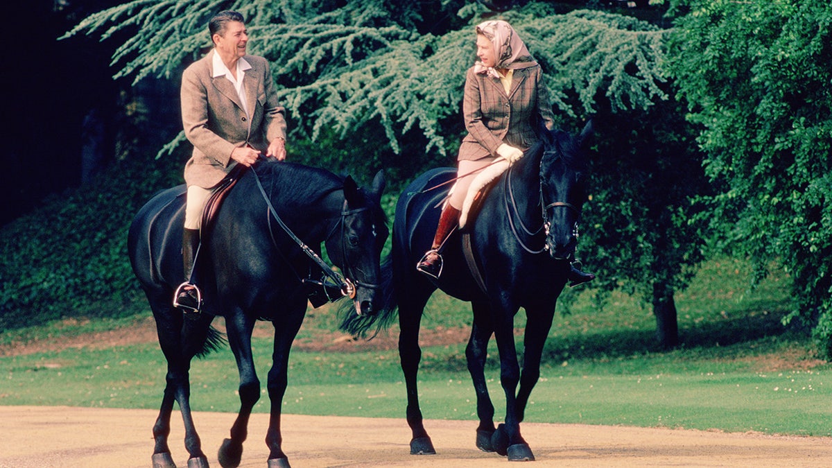 Queen Elizabeth and Ronald Reagan on horseback