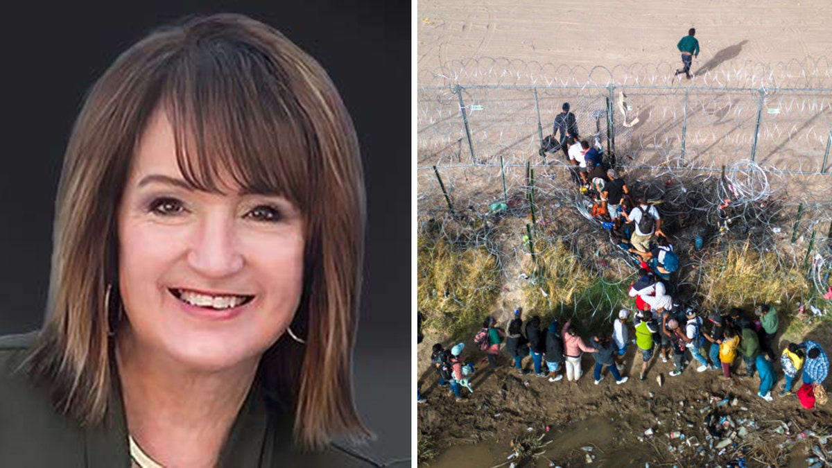 Valarie Hodges, La. state senator, left; migrants at border in right photo