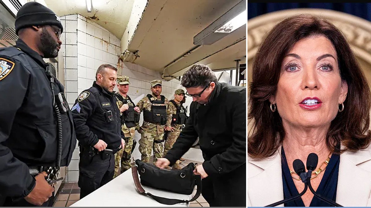 Left, NYPD and National Guard search bags. Right, NY gov Kathy Hochul.