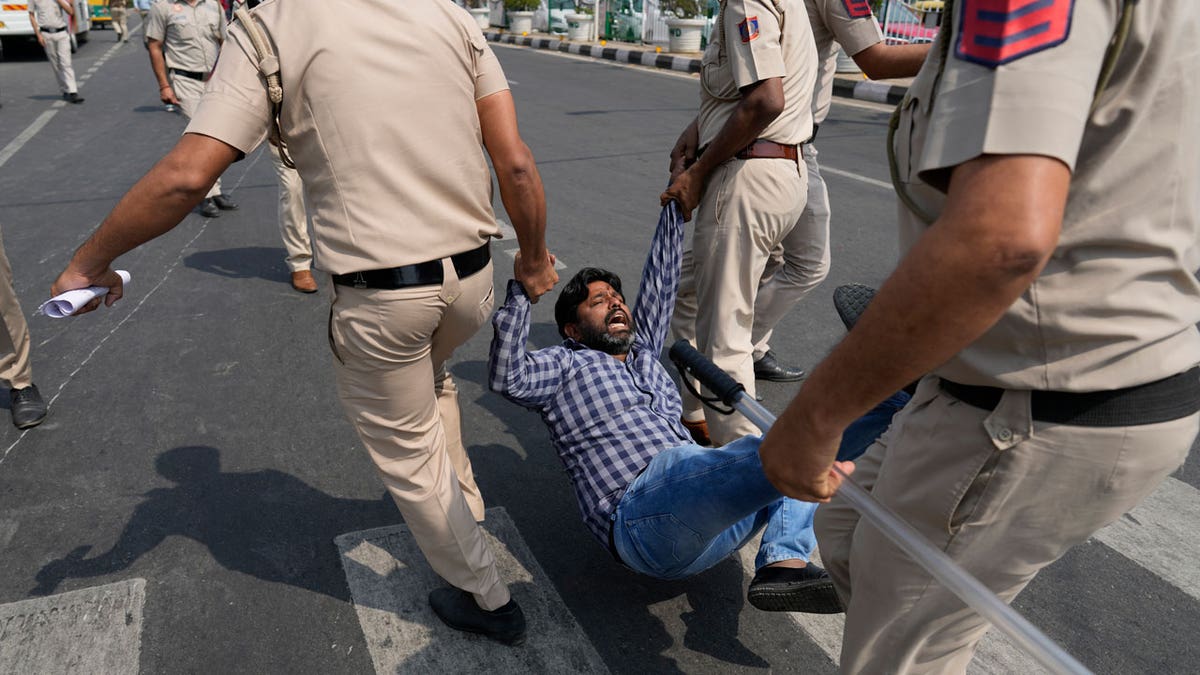 A supporter of Aam Admi Party, or Common Man's Party, is detained by the police officials